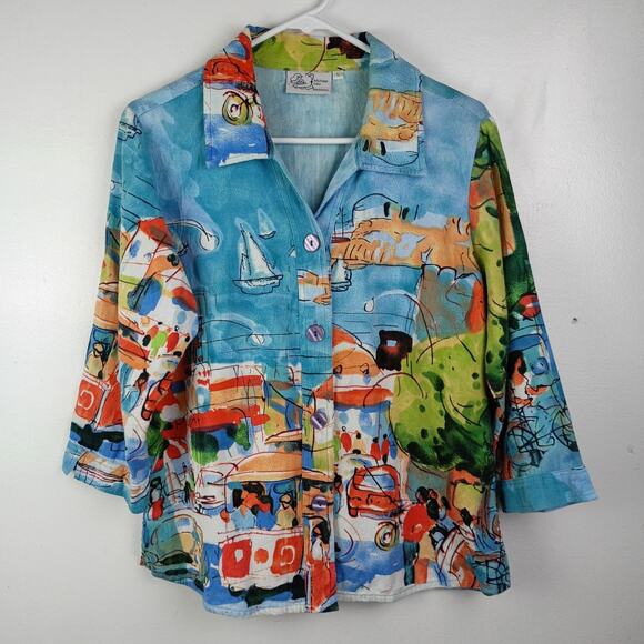 VTG Michael Leu St Mer Novelty Print Colorful Button Down Shirt Large Artsy - Picture 2 of 8